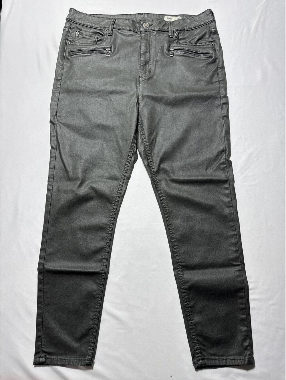 M&S Skinny Coated Trousers Dark Green Short Length UK 18